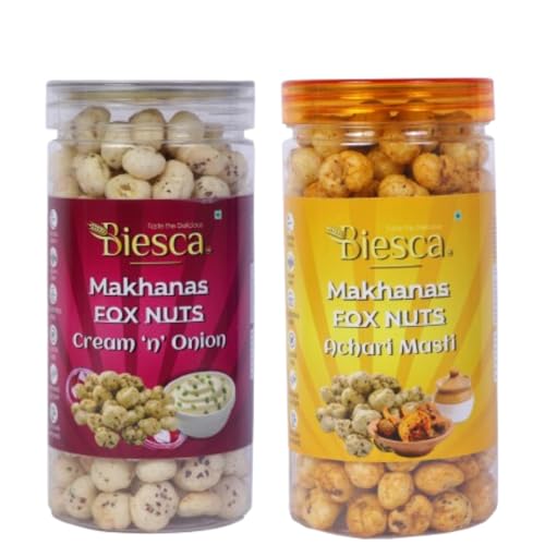 Biesca Makhana Premium Organic Fox Nuts for Healthy Snacking & Wellness (Pack Of 2, ACHARI MASALA & CREAM &ONION)|B0DRYZ95YS