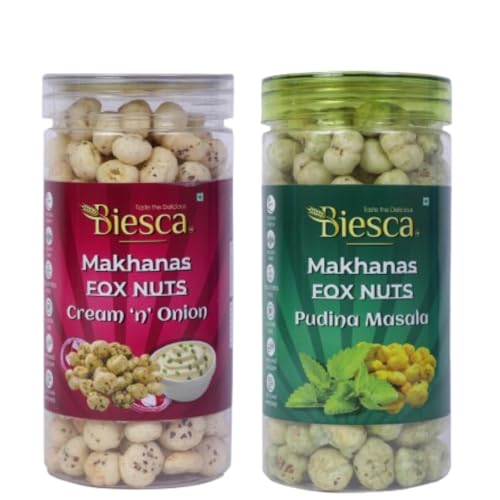 Biesca Makhana Premium Organic Fox Nuts for Healthy Snacking & Wellness (Pack of 2, PUDINA MASALA & CREAM & ONION)|B0DRYX18VL