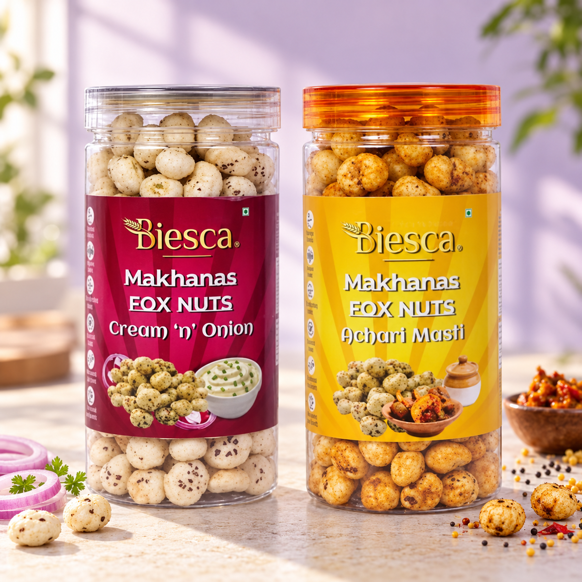 Biesca Makhana (Pack Of 2, Achari Masala & Cream & Onion)