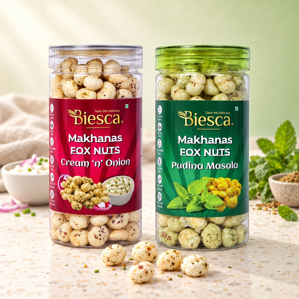 Biesca Makhana (Pack Of 2, Pudina Masala & Cream & Onion)